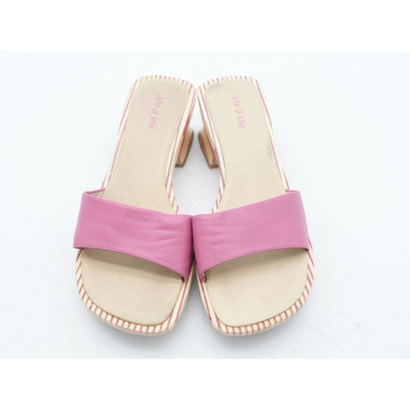 Vis A Vie Womens 9 Sandals Pink Leather Wood Slide Open Toe Slip On Summer Shoe - Picture 7 of 12